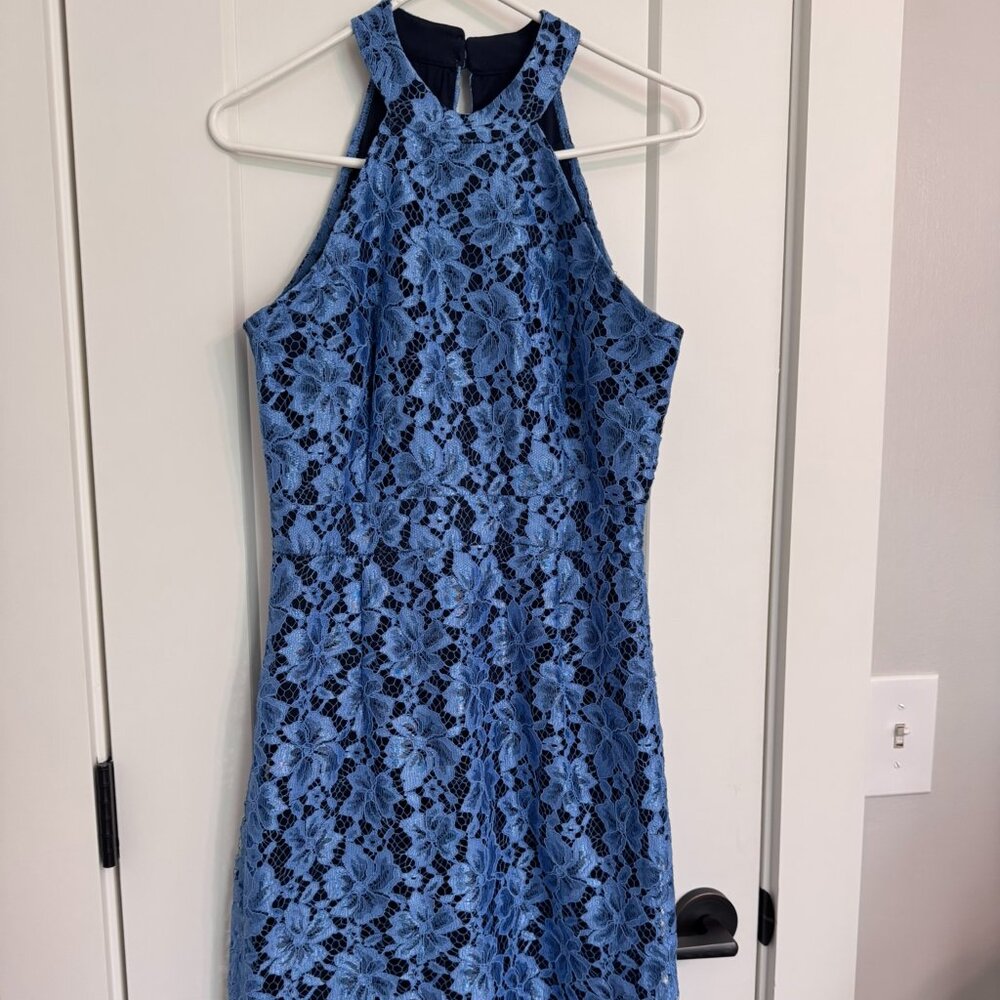 Enfocus Studio Blue lace Tulip Hem halter min dress, Size 6